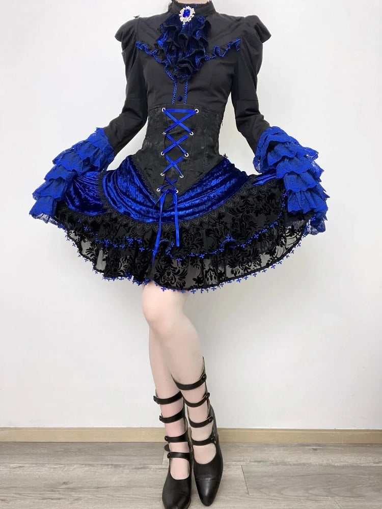 Boned Lolita Waist Tie Shirt Skirt Set Hat Black Gothic Jabot Long Sleeves High + - and Mini Blue Bell Klein Full