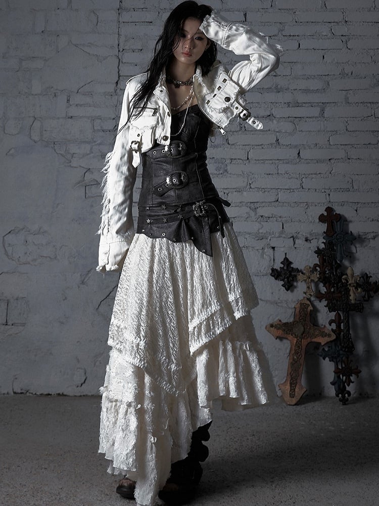 PU Lace Tiered Corset Hem Asymmetrical Convertible Dress/Skirt: Brown with White Strapless 2-in-1 Studded