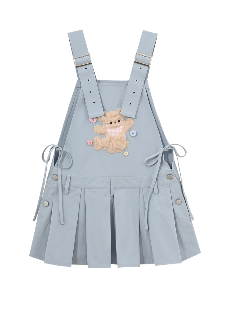Adjustable Plush Bear Applique Blue Box Pleat Overall Dress Straps Shoulder