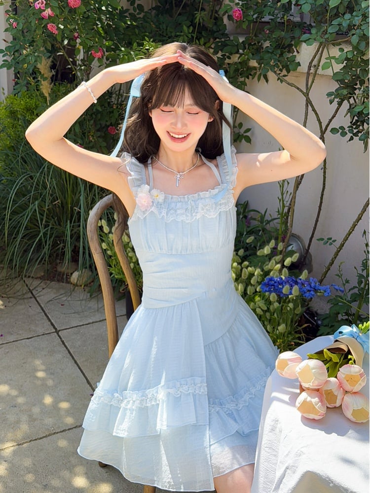 Sleeves Light Blue Flutter Dress Skirt Asymmetrical Chiffon Halter Neck Tiered
