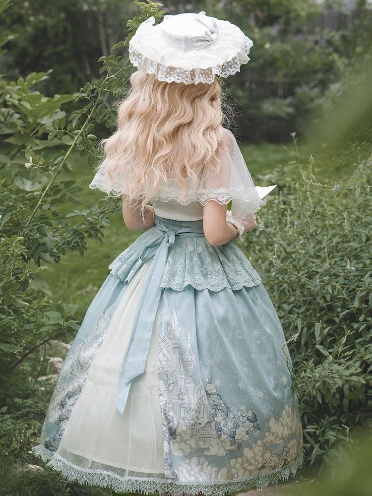 White Skirt High Cape Waist Top Cami + Tulle Print Castle Blue