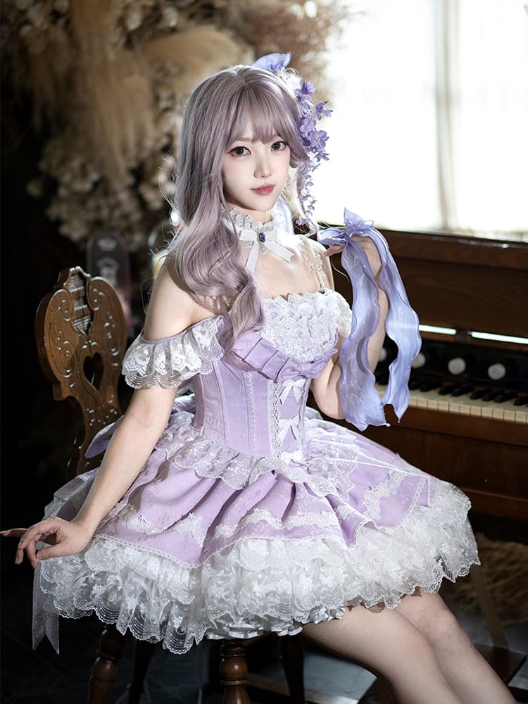 Balletcore with Lolita Purple Detachable Dress Bows Waist Boned