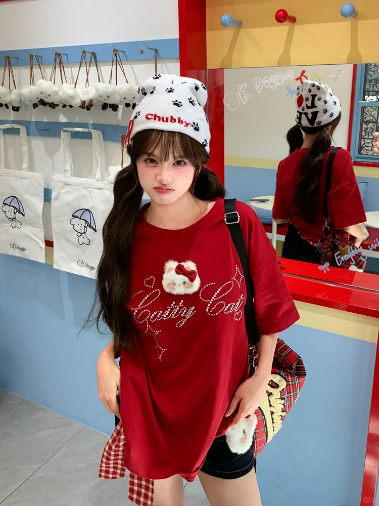 Details T-Shirt with Detachable Kitty Plushie Neck Rhinestone Red Square