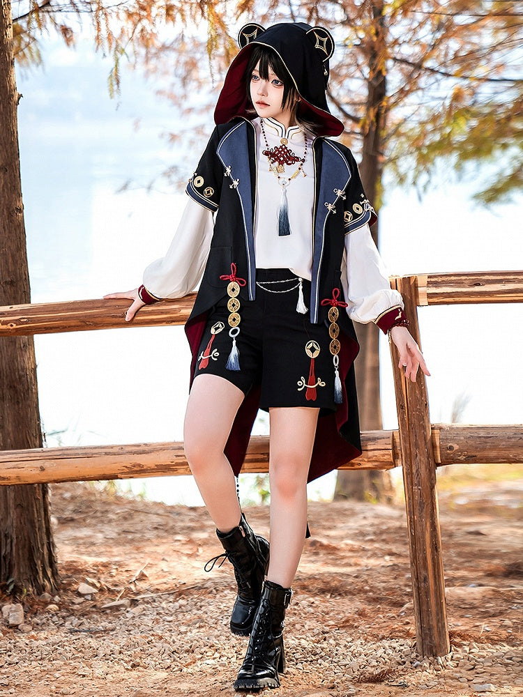 Manteau à capuche en ouji noir avec pièces de cuivre et oreilles de panda