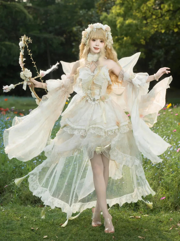 Lolita Fairycore Dress JSK Beige Full Design Princess and Set Butterfly Floral