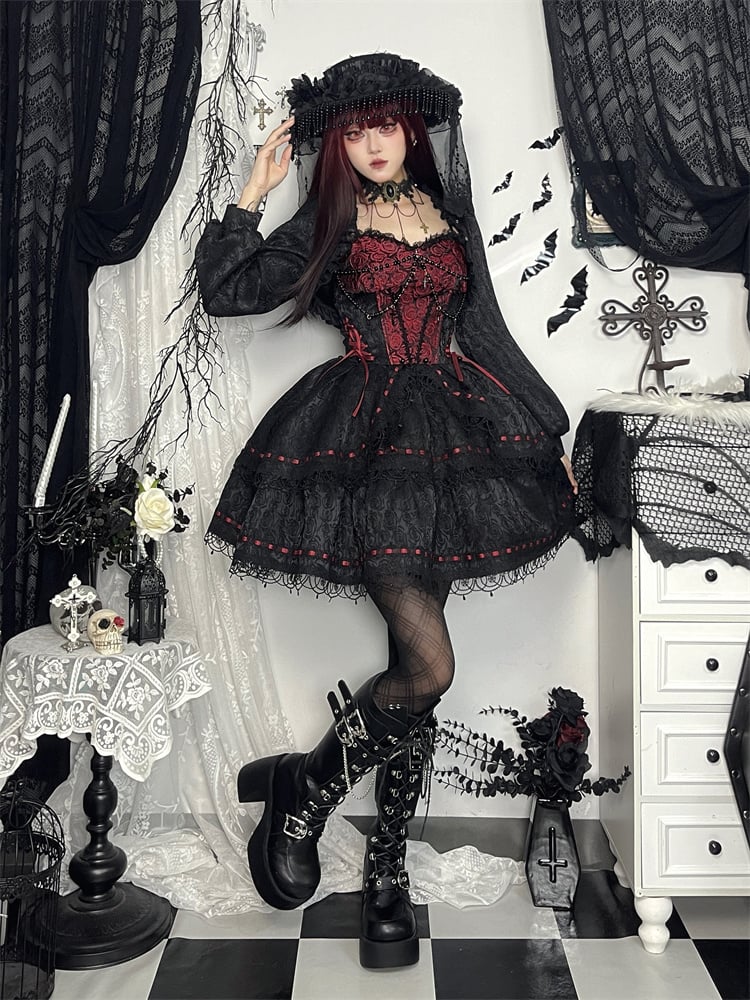 Schwarz-rote Rosenperlenkette Gothic Lolita Puffy Kleid Pulloverrock