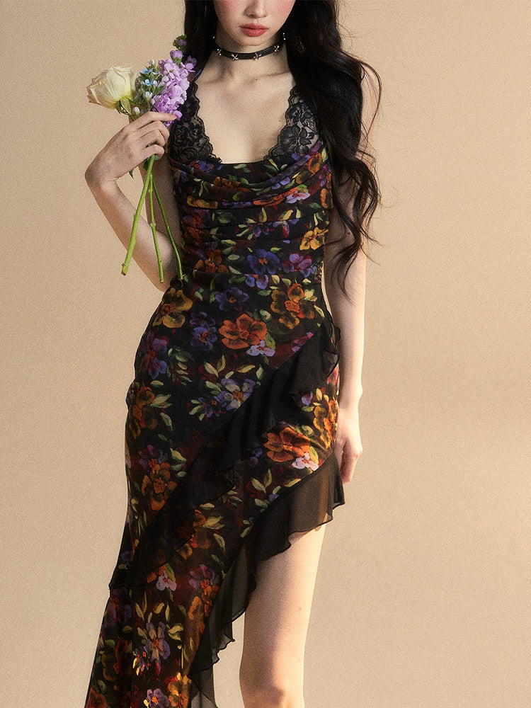 Blumenkleid Rock Schwarz Chiffon Neckholder Asymmetrische Meerjungfrau