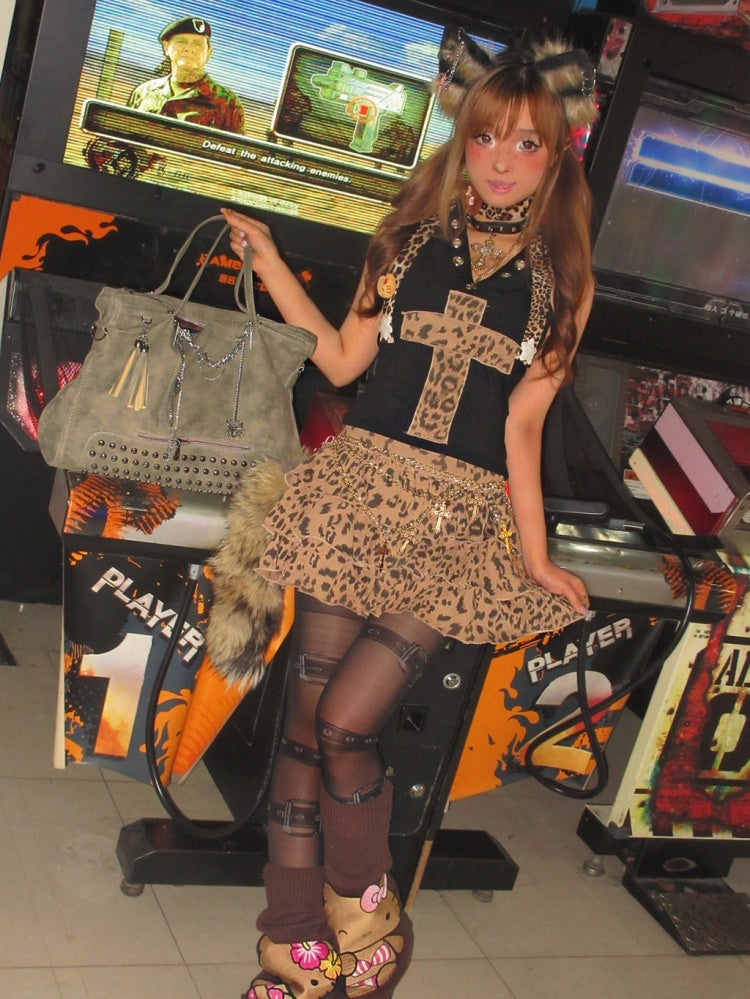 Y2K レオパード柄 ティアードスカート