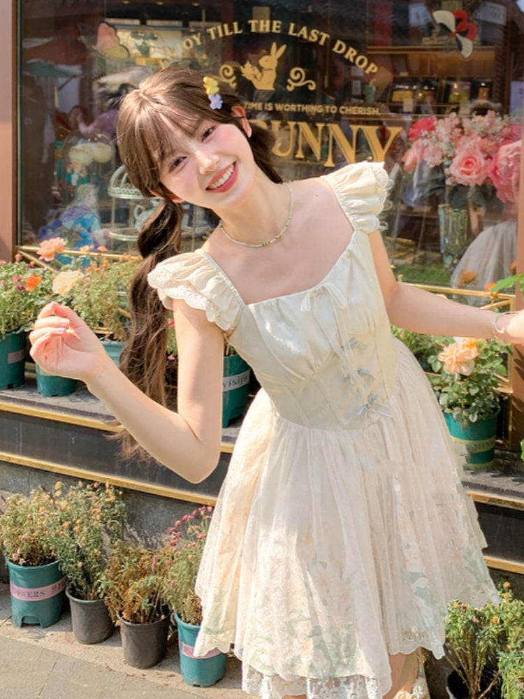 with Mesh Overlay Lily Print Dress Beige Flutter Sleeves Basque Waist