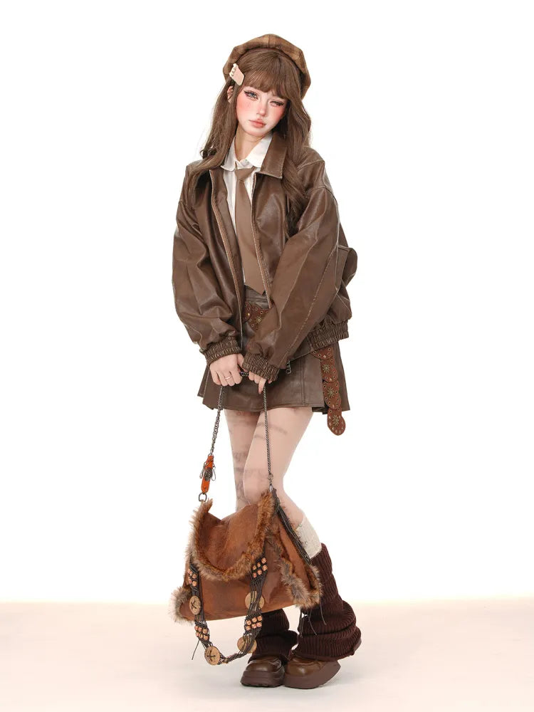 Faltenrock PU Braun/Rosa