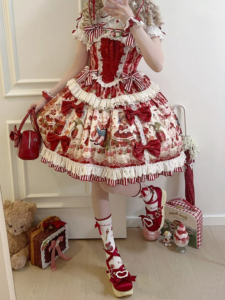 Red and Strawberry Print Dress Skirt Sweet Lolita Jumper Bunny