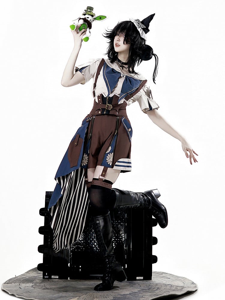 Train Shirt Blue Sailor Overall + Collar Shorts Ouji Steampunk Striped Brown Outfit Lolita -