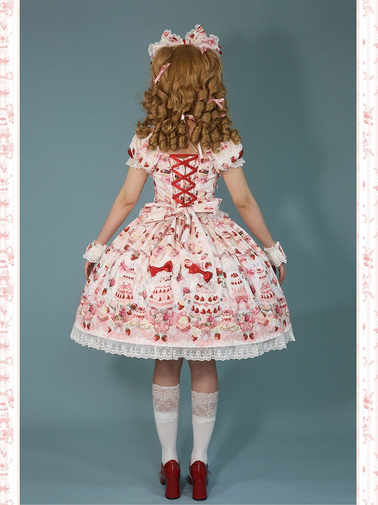 Bow Sweet Set Print White Strawberry Accents / Lolita Full Cake Dress
