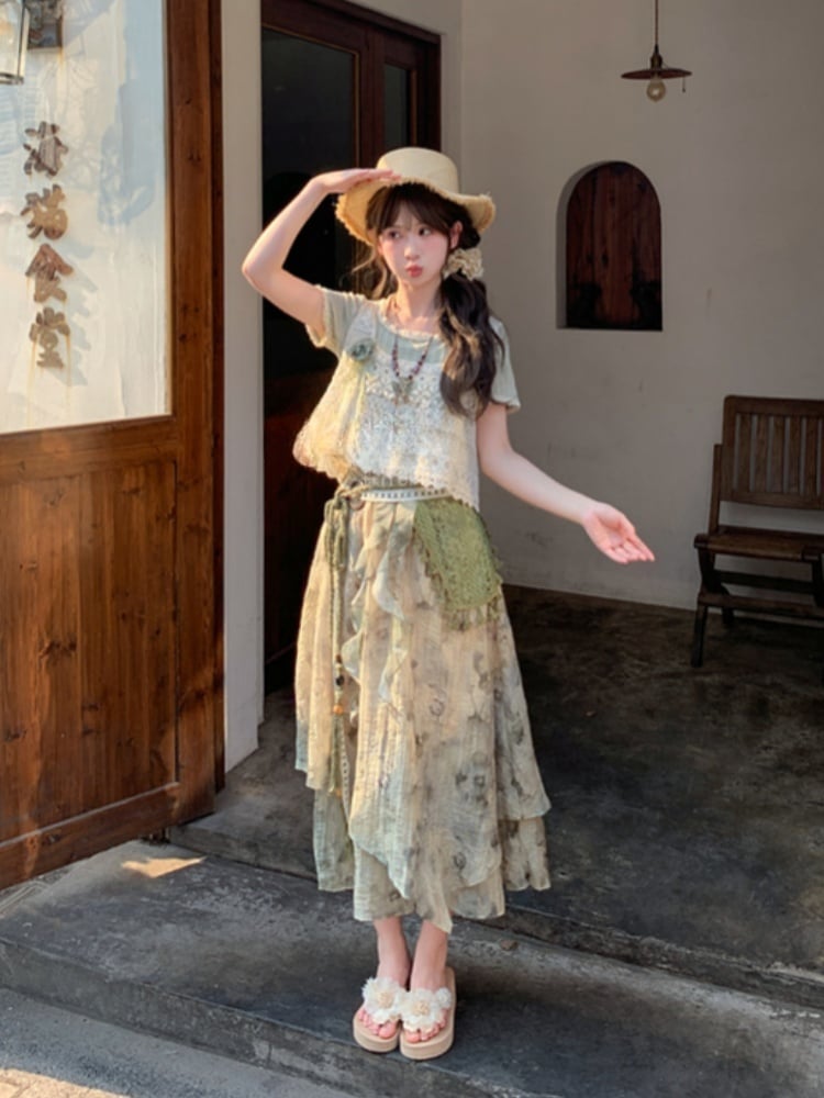Accessory Dye Wide-Leg Pants Version Detachable with Regular/Short Knitted Mori Kei Green Tie