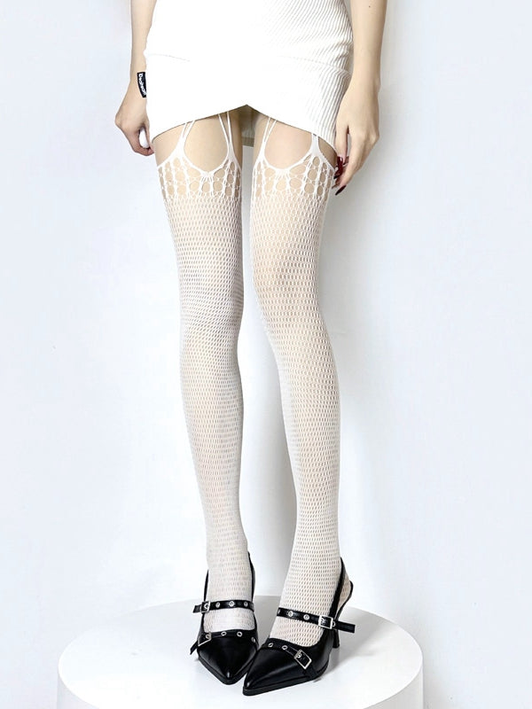 Black / White Cut-out Suspender Fishnet Tights