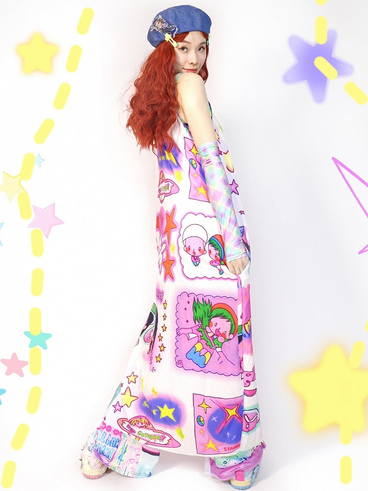 Kleid mit Cartoon-Camisole und buntem Stern-Print