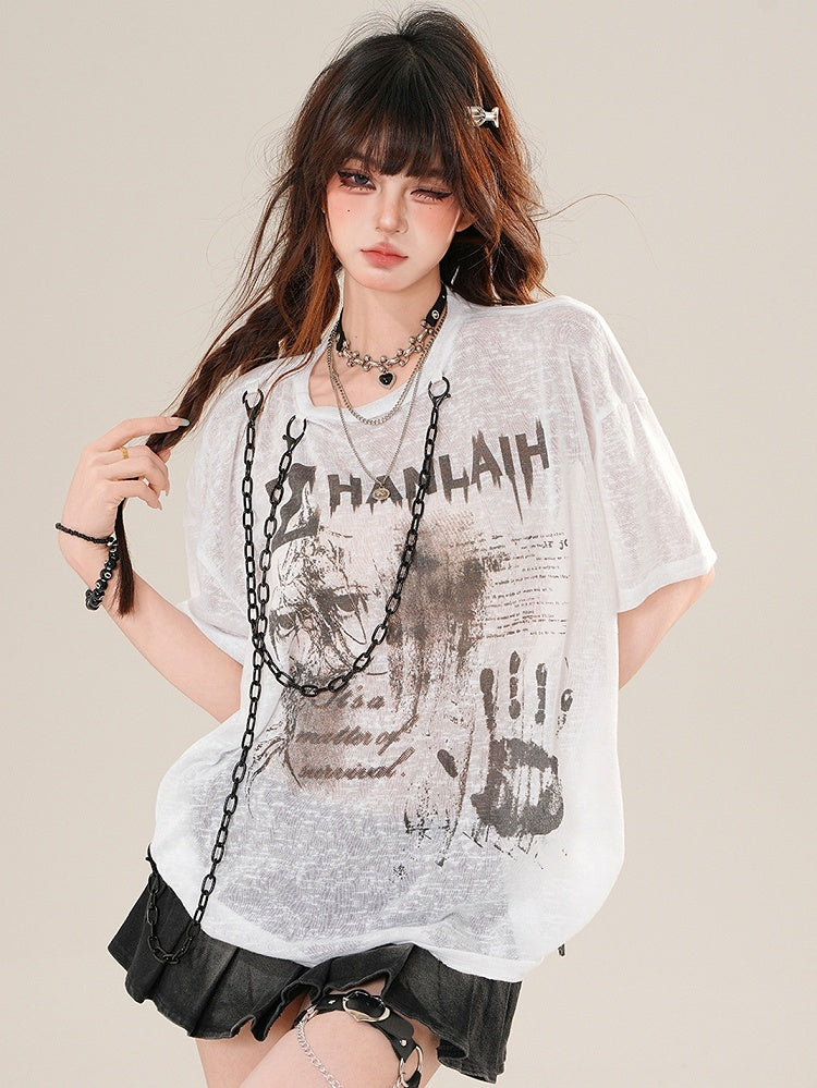 Charm White Glamorous Letter Sun Print T-shirt Protection Chain
