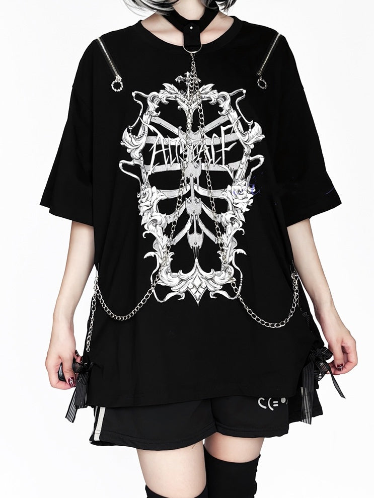 Choker T-Shirt Ribcage Gothic Shoulder Chain Coffin Print with Zip Detachable Convertible Black