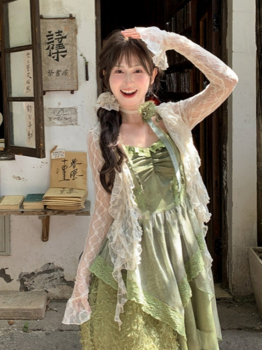 Beige Cascading Ruffle Trim Lace Top