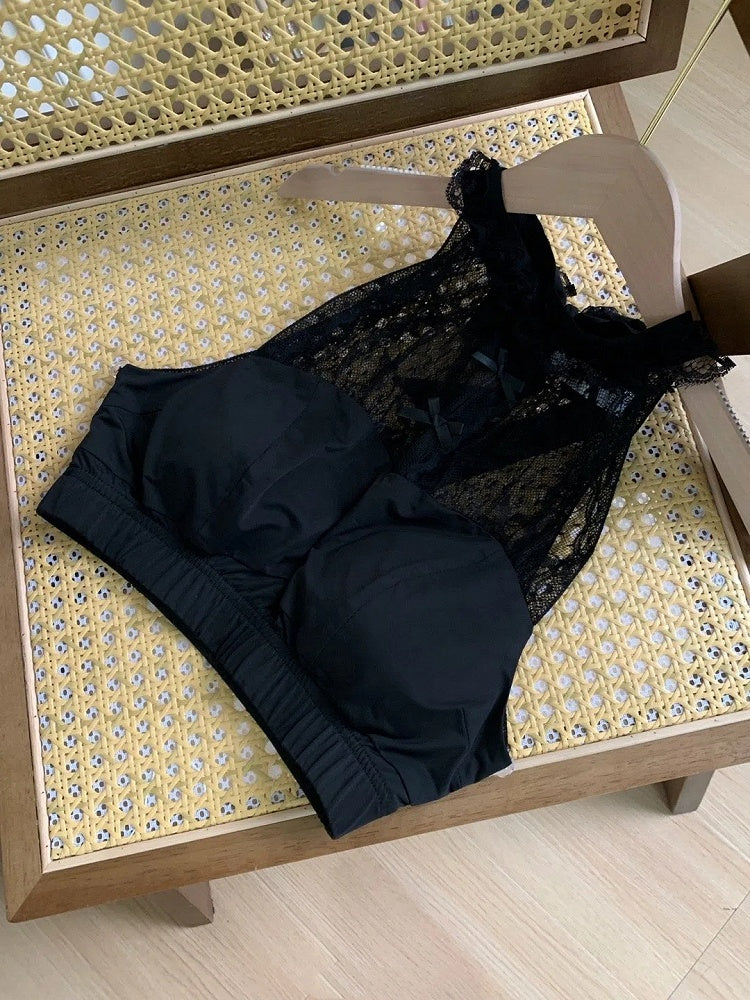 Sleeves Detachable Halter Lace Top Black with Neck Flutter Cropped