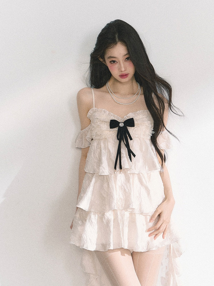 Apricot Cascading Ruffle Trim Tiered Ruffles Cami Dress Skirt High-low