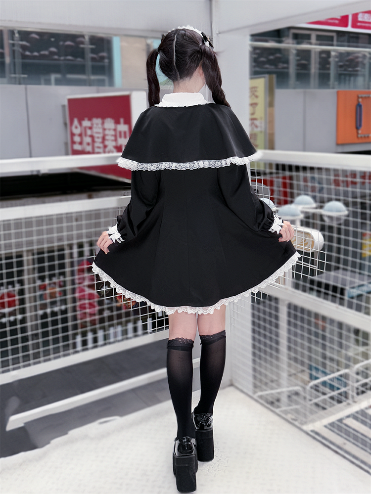 Tie Dress Kei Trim Bow Lace Winter for Free Jirai Cape White + Fall : Black