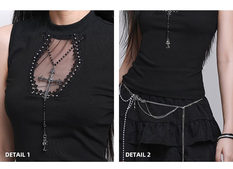 Necklace Tank Top Cross Coffin-Shaped Cutout Black with Studded Free