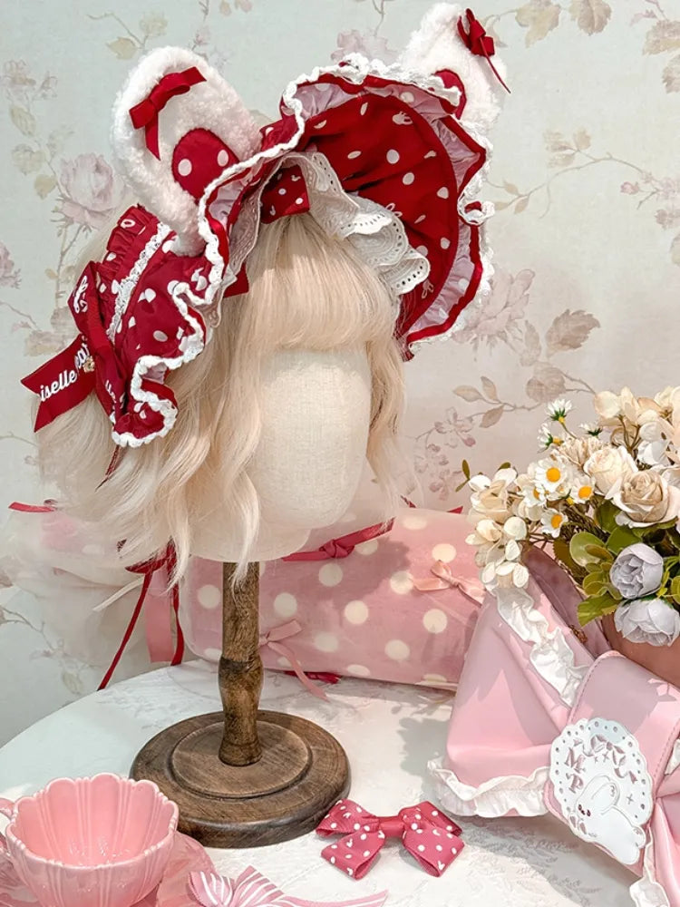 Pattern Ears Blue Pink Bonnet Polka-dot Black / Red Bunny