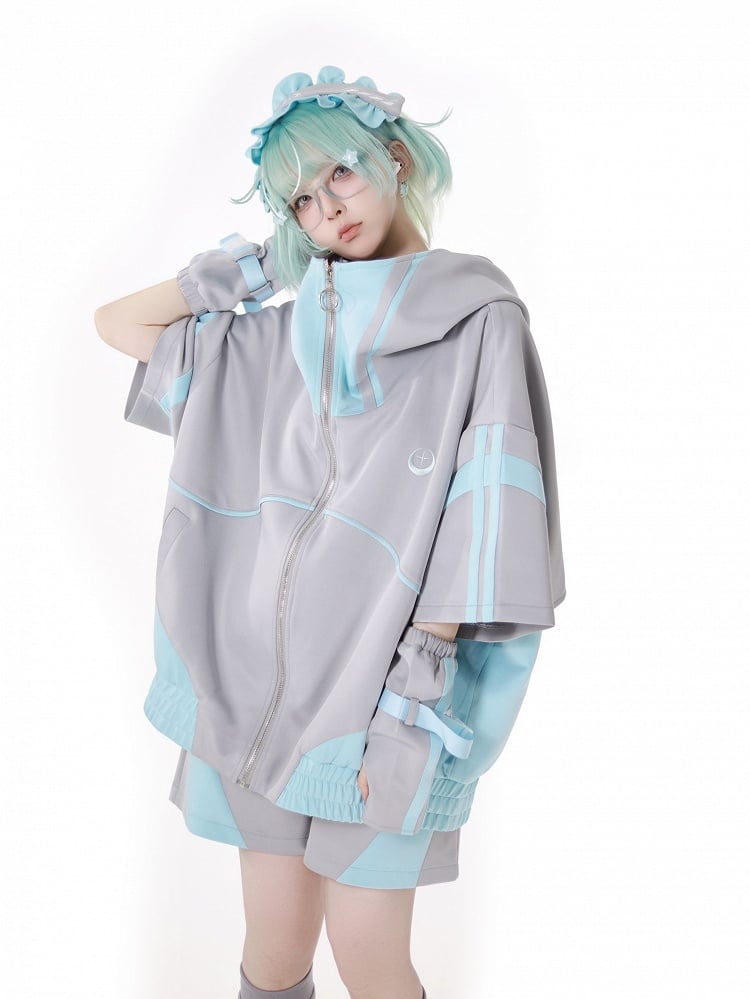 Sleeves Zipper Hoodie Green and Gray Jirai Kei Techwear Straps Design Short