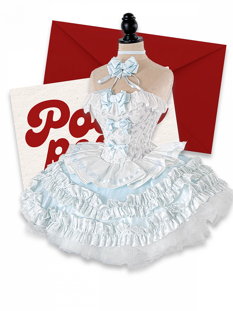 Cropped Details Bodice Floral Strapless Top + Tiered Skirt + Ful Blue Bowknot on Set Top