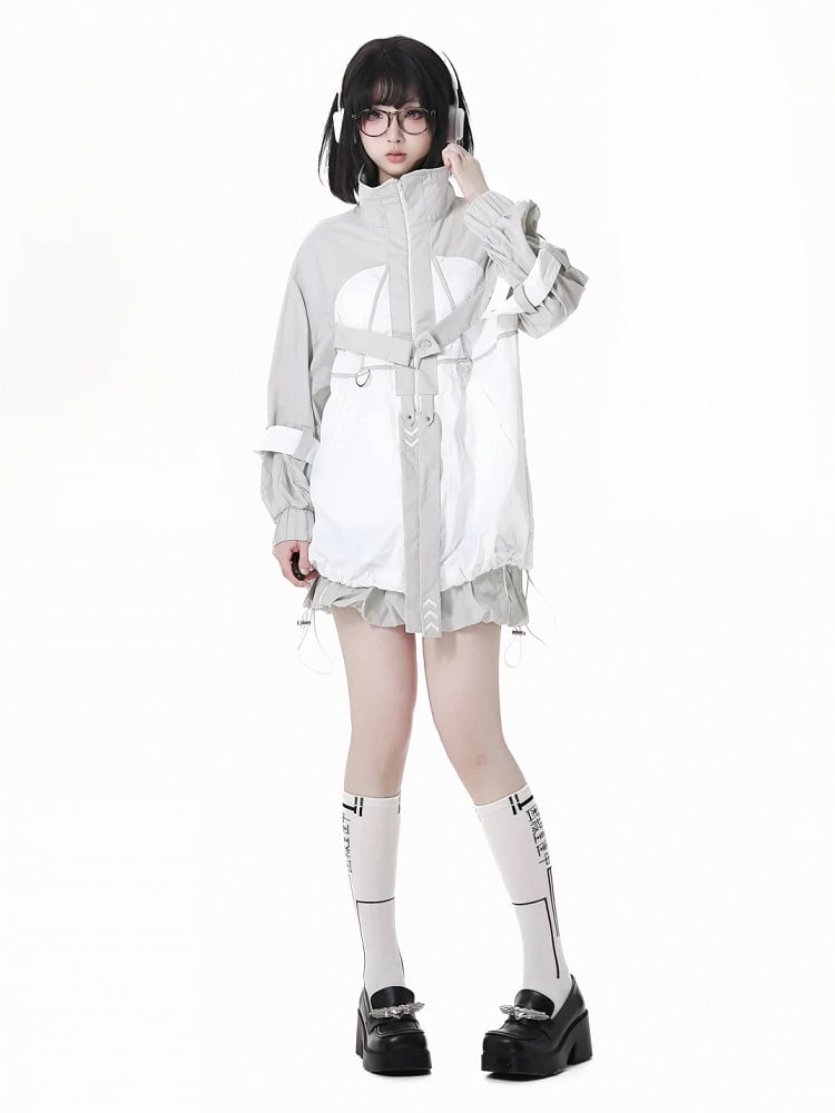 and White Techwear Sun Protection Jacket Gray Hem Colorblock Drawstring