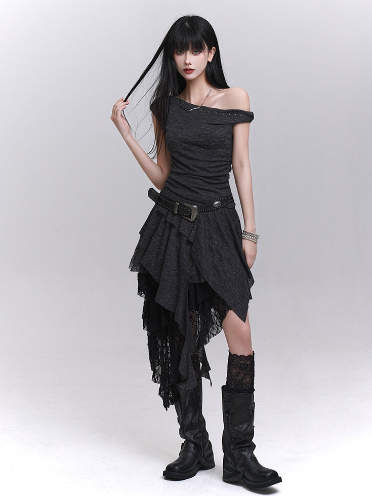 Buckle Studded Asymmetrical Neckline Cascading Ruffles Belt with Dress