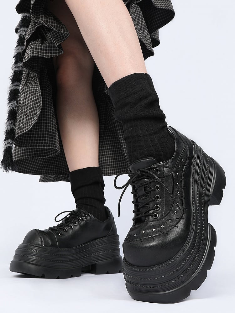 with Platforms Details Black Stitched Decor Gothic Studs