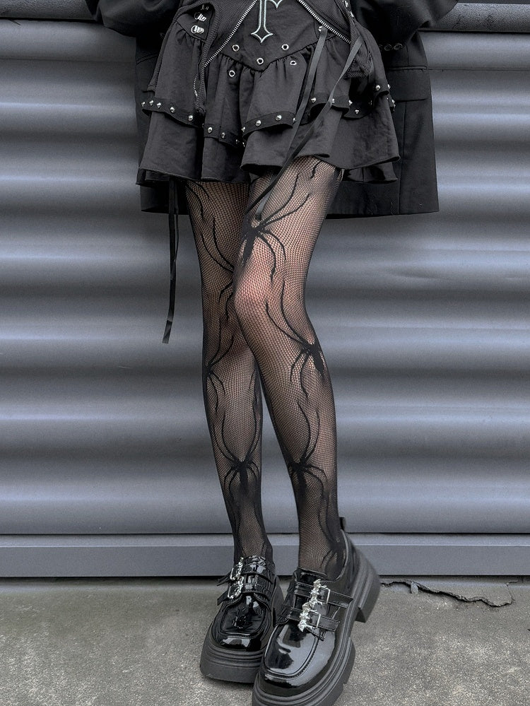 Gothic Punk Black Spiders Pattern Fishnet Tights