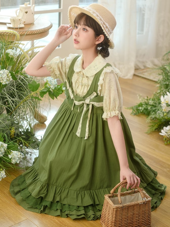 with Detachable Sweet Ruffle Green Overall Dress Hem Bowknot