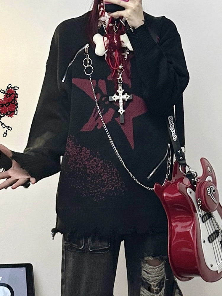 and Black/Gray Distressed Knit Sweater with Zipper Chain Detail