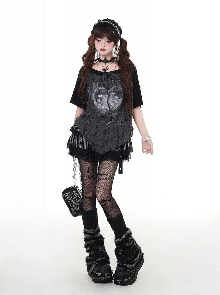 Neckline Gray Distressed Holes Colorblock Design Self-tie Strap Black and Graphic T-shirt