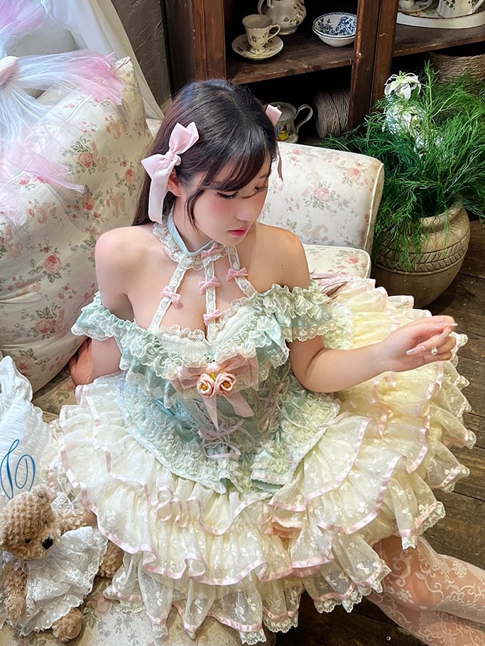 Tiered Skirt Halter Kei Fairy Ruffles Neck Corset Lace Princess Dress Waist Mint Green