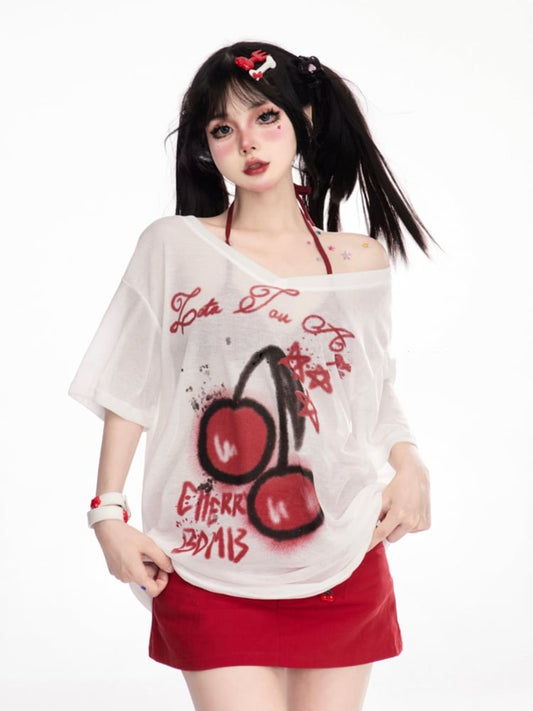 White V-Neck Cherry Print Semi-sheer Coverup