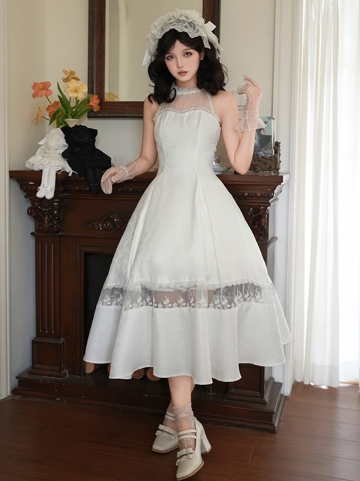 Lace Jacquard Illusion All Rosette Halter Neck White Prom Dress Panels Fabric