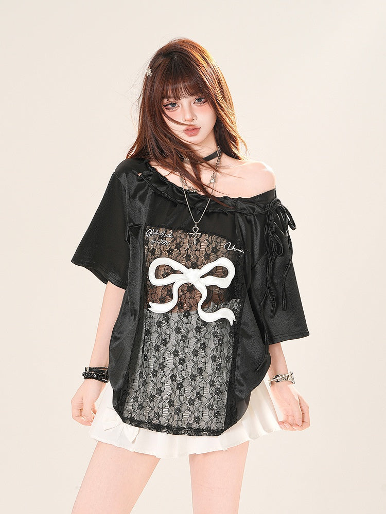 Black/White Big Off-the-shoulder T-shirt Lace Bow Patches Print Waist