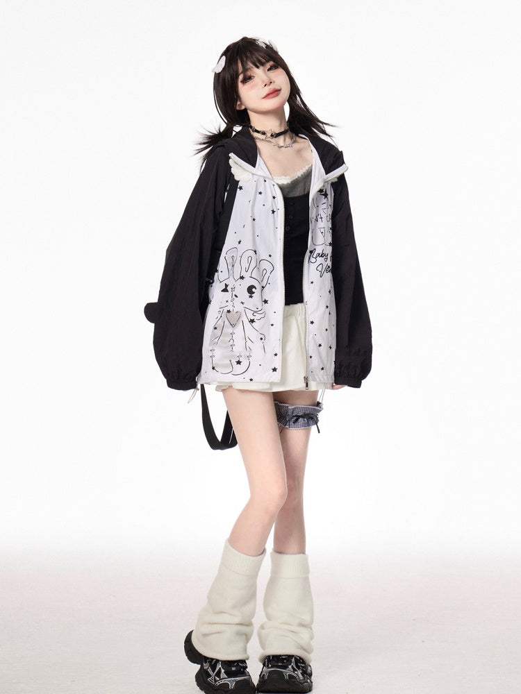 Design Hood Ears Kitty Colorblock Zip-up Jacket Cartoon Print Black/Green