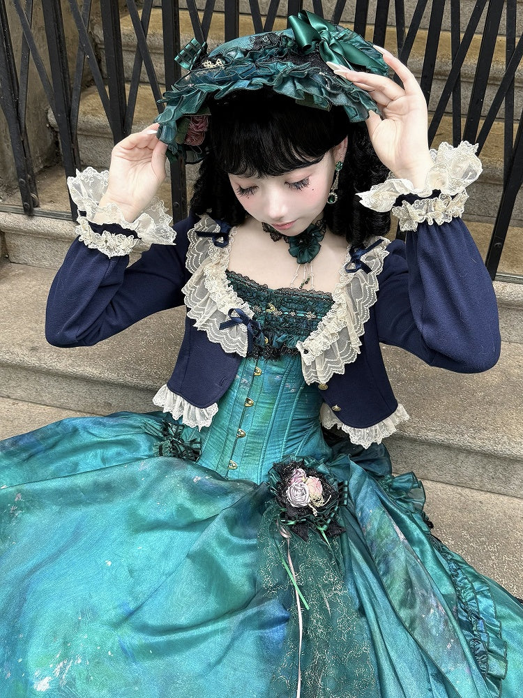 Cropped Trim Fashion Dark Cardigan Bow-Detailed Lolita Blue Lace