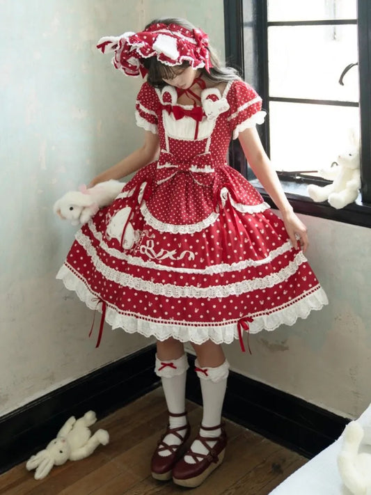 Red Pattern Neckline Plush Sweet Polka Dots Square Bunny Lolita Dress Ears