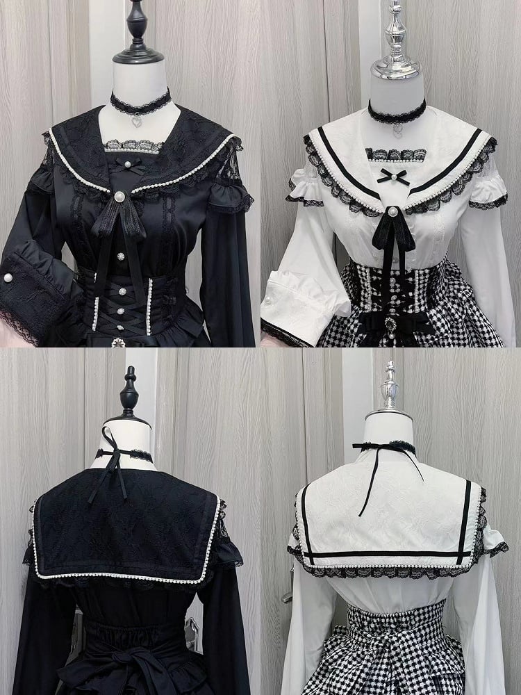 Pendant Trim Blouse Lace with Jirai Kei Black/White Sailor Collar Cutout Choker Shoulder Heart