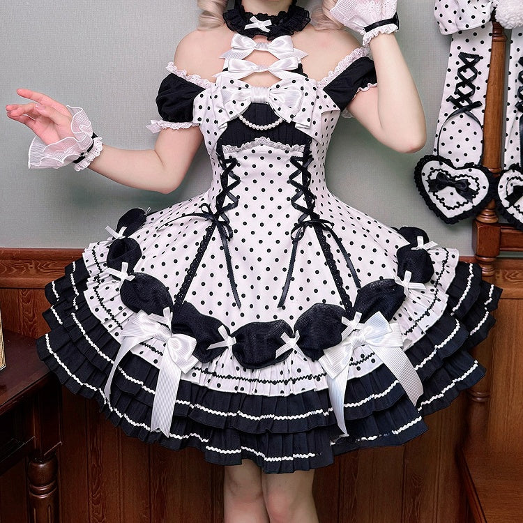Akzente Schwarz Polka Dots Kleid Old School Schleife Weiß Lolita Neck Halter mit