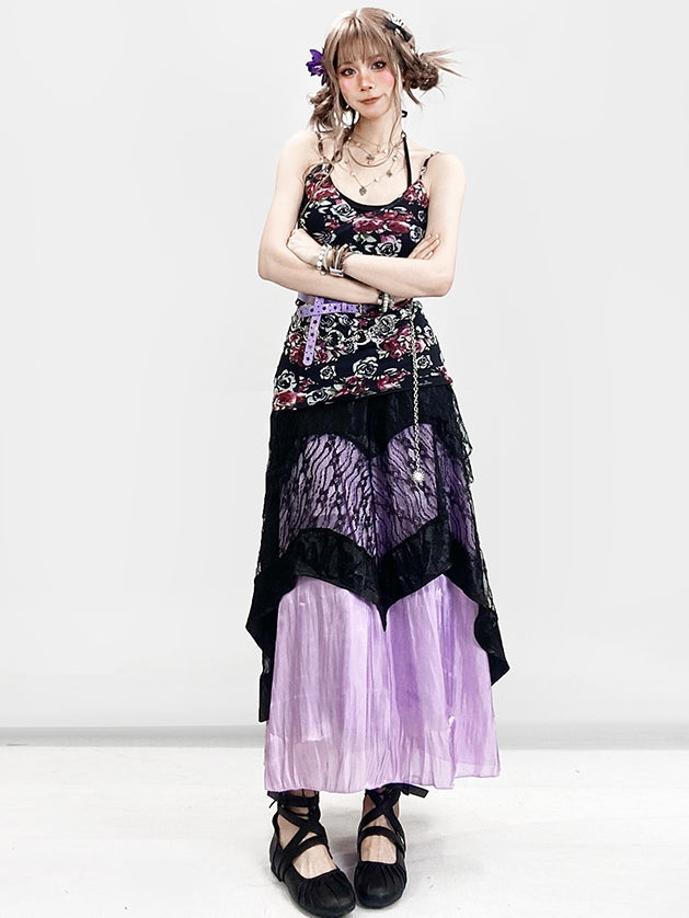 + Floral Top Halter Underskirt Cami Skirt Lace Set- Dress Holiday Neck Black Purple Bittersweet