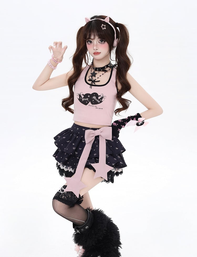 Allover Bowknot Print Schleife Spitze Rosa Große Schwarze Gefütterte Stufenrockbesatz