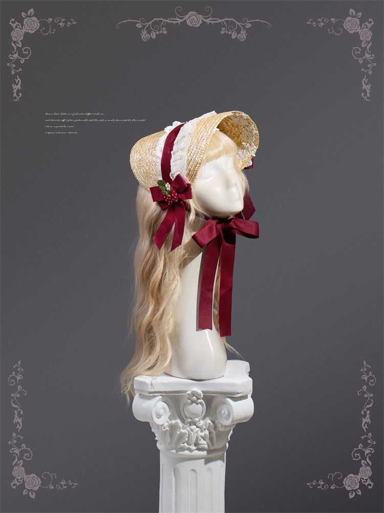 Wine Red Big Bow Cottagecore Country Lolita Bonnet