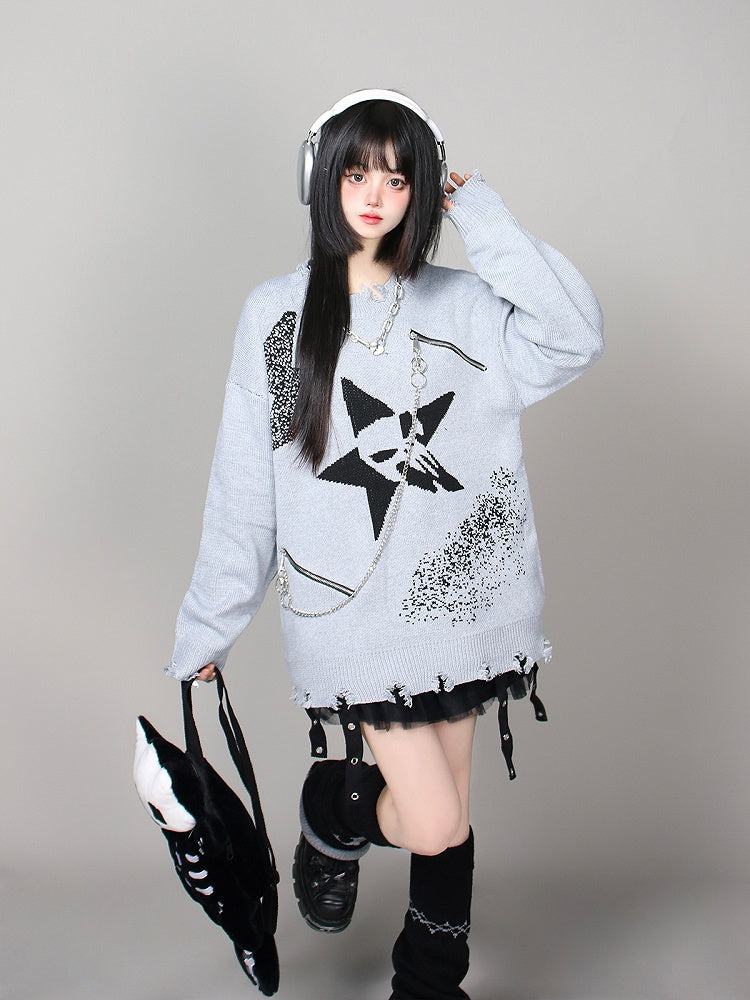 and Black/Gray Distressed Knit Sweater with Zipper Chain Detail